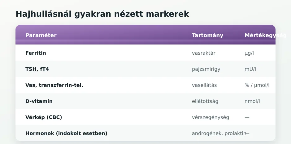Hajhullás markerek táblázata