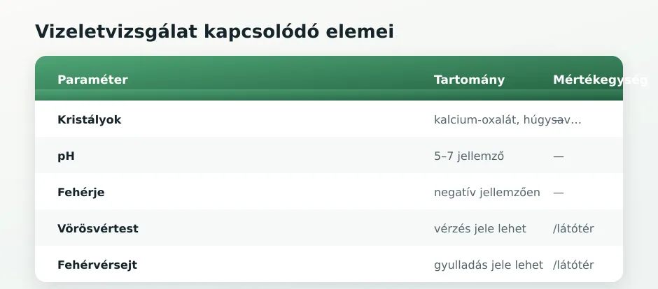 Vizeletvizsgálat táblázata